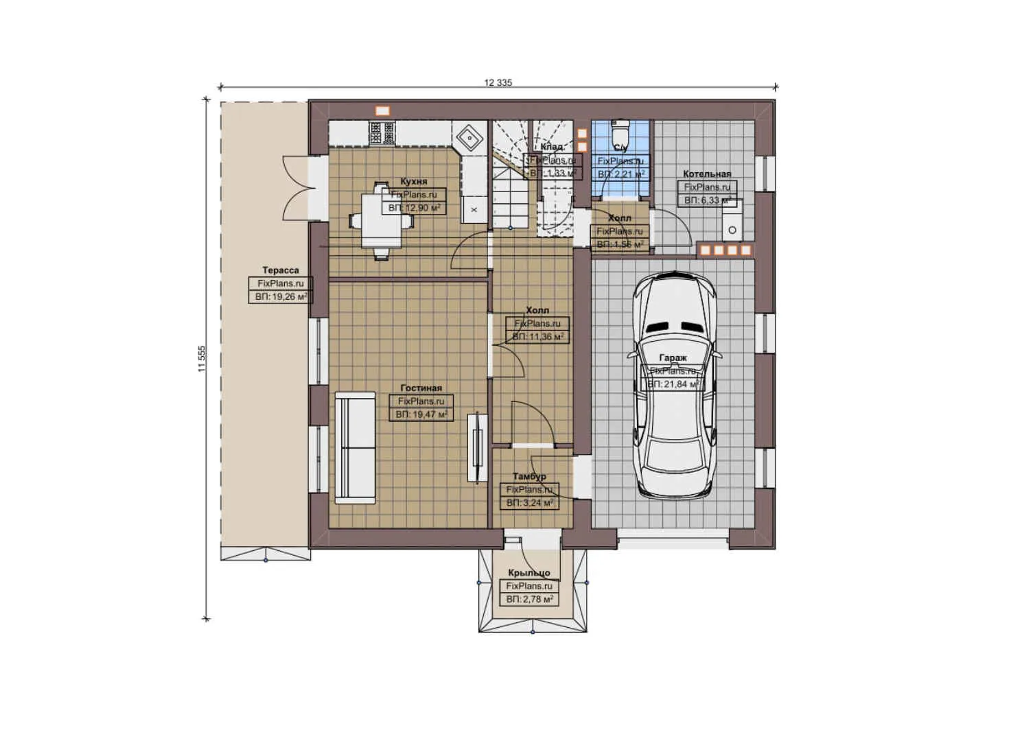 F-9125 - Планы дома с мансардой 12 на 13, площадью 180 м² с террасой, гаражом на 1 машину и 4 спальнями