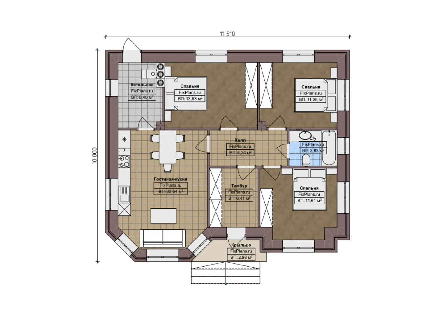 F-3104 - План одноэтажного дома 10 на 12, площадью 90 м² с 3 спальнями