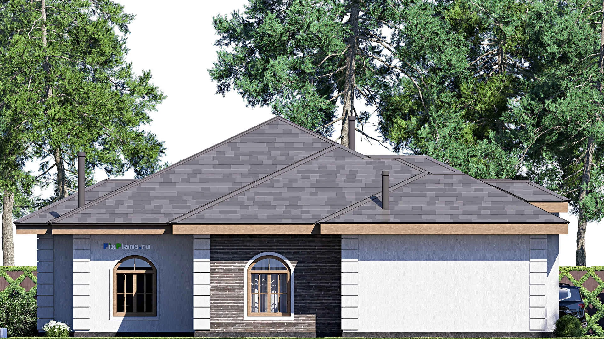 F-19763 - Проект одноэтажного дома 17 на 22, площадью 260 м² с гаражом на 2 машины и 4 спальнями