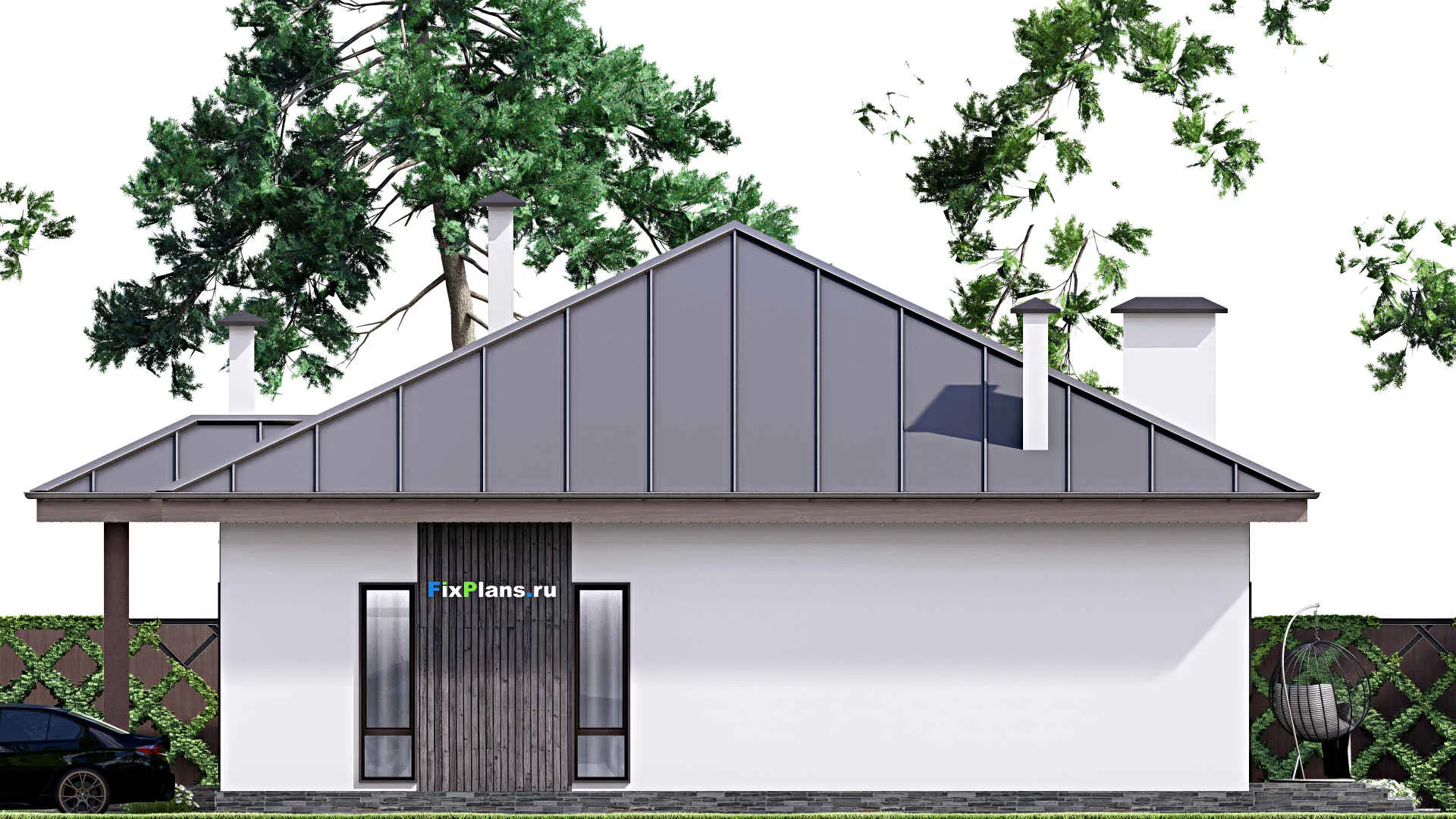 F-12473 - Проект одноэтажного дома 16 на 19, площадью 210 м² с террасой, гаражом на 1 машину и 2 спальнями