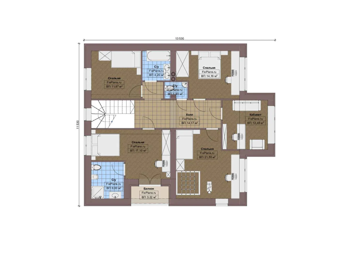F-0341 - Планы двухэтажного дома 14 на 15, площадью 250 м² с террасой, балконом и 4 спальнями