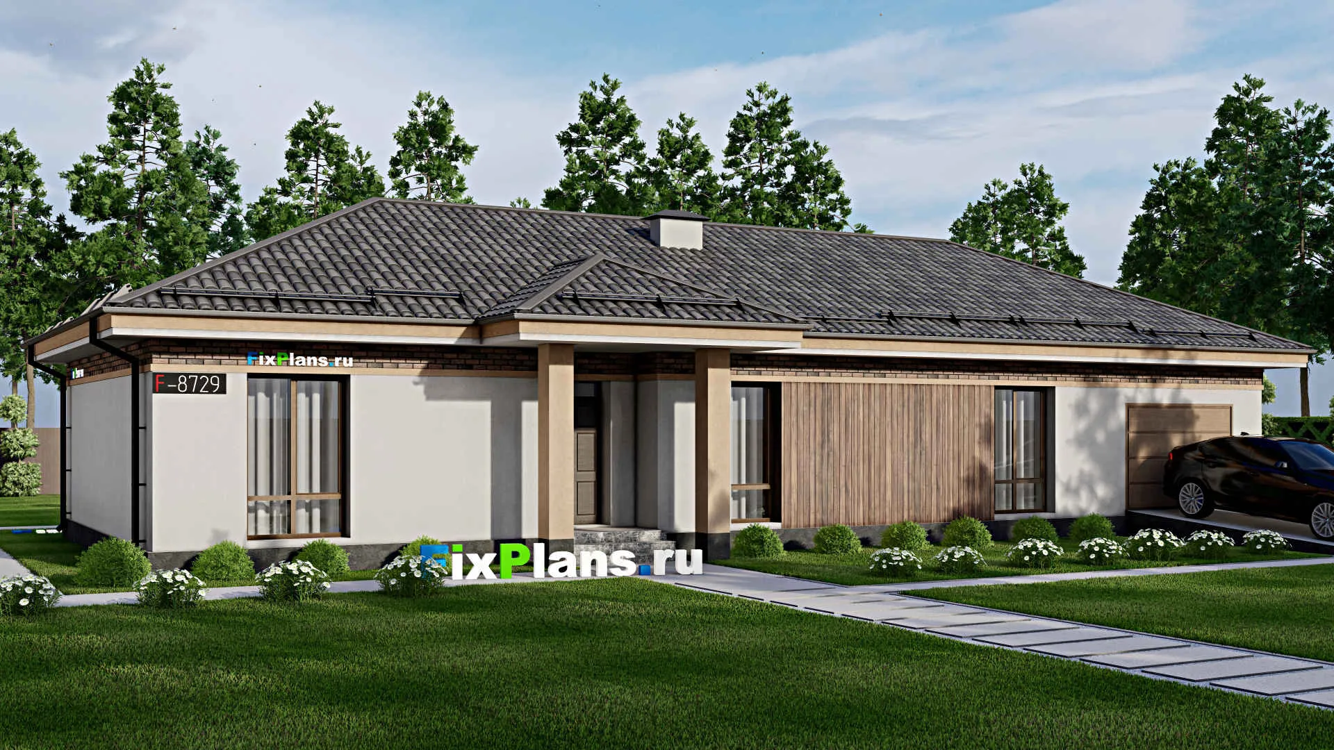 F-8729 - Проект одноэтажного дома 12 на 23, площадью 170 м² с террасой, гаражом на 1 машину и 3 спальнями