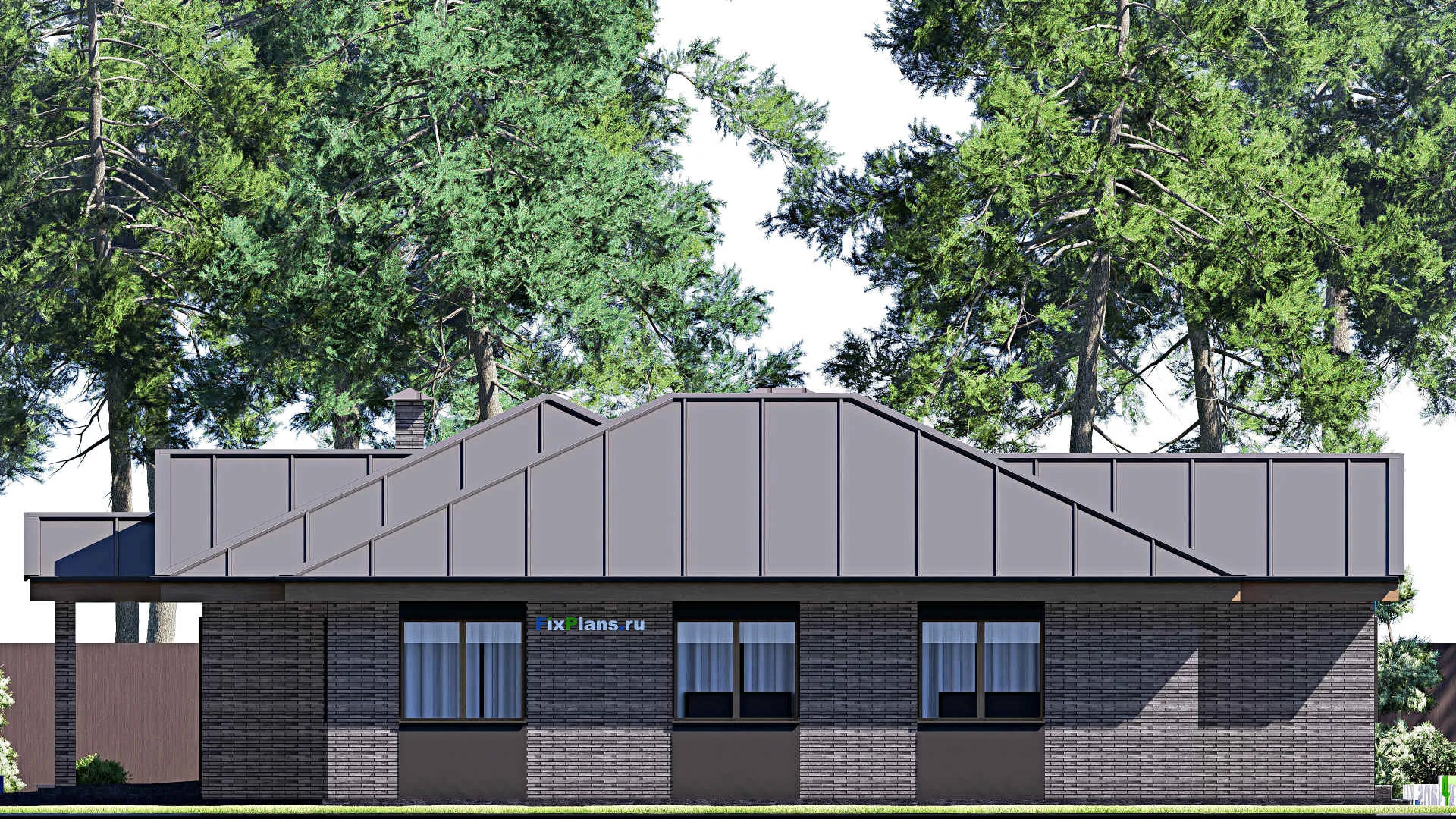 F-19403 - Проект одноэтажного дома 18 на 19, площадью 230 м² с террасой, гаражом на 1 машину и 4 спальнями