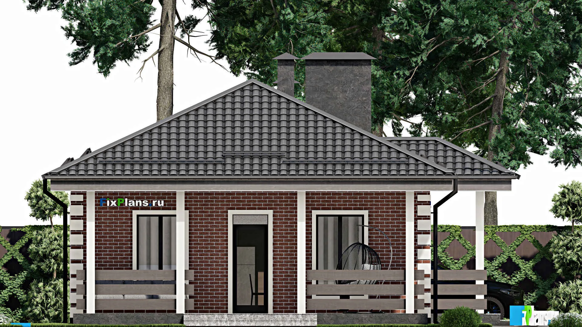 F-5552 - Проект одноэтажного дома 9 на 14, площадью 110 м² с террасой и 3 спальнями