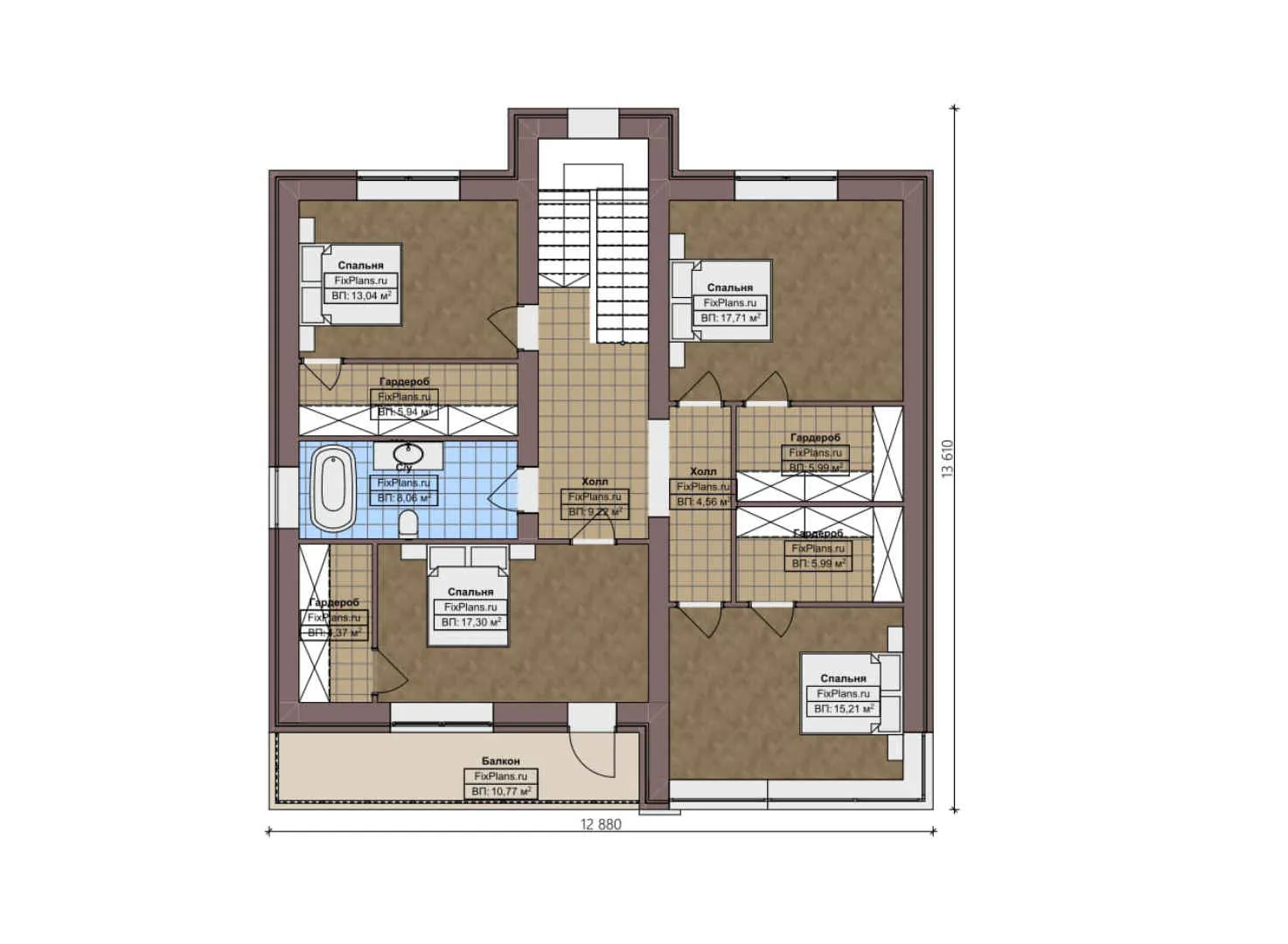 F-1907 - Планы двухэтажного дома 13 на 14, площадью 270 м² с террасой, балконом и 5 спальнями