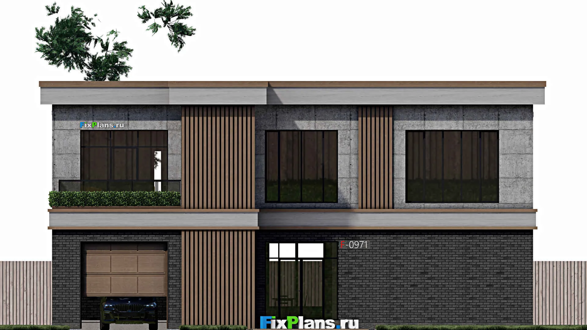 F-0971 - Проект двухэтажного дома 17 на 18, площадью 400 м² с террасой, балконом, гаражом на 2 машины и 4 спальнями