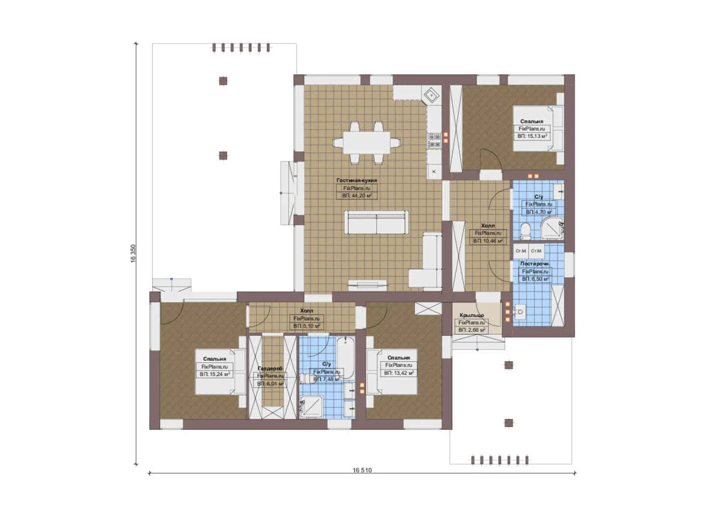 F-13121 - План одноэтажного дома 17 на 17, площадью 140 м² с 3 спальнями