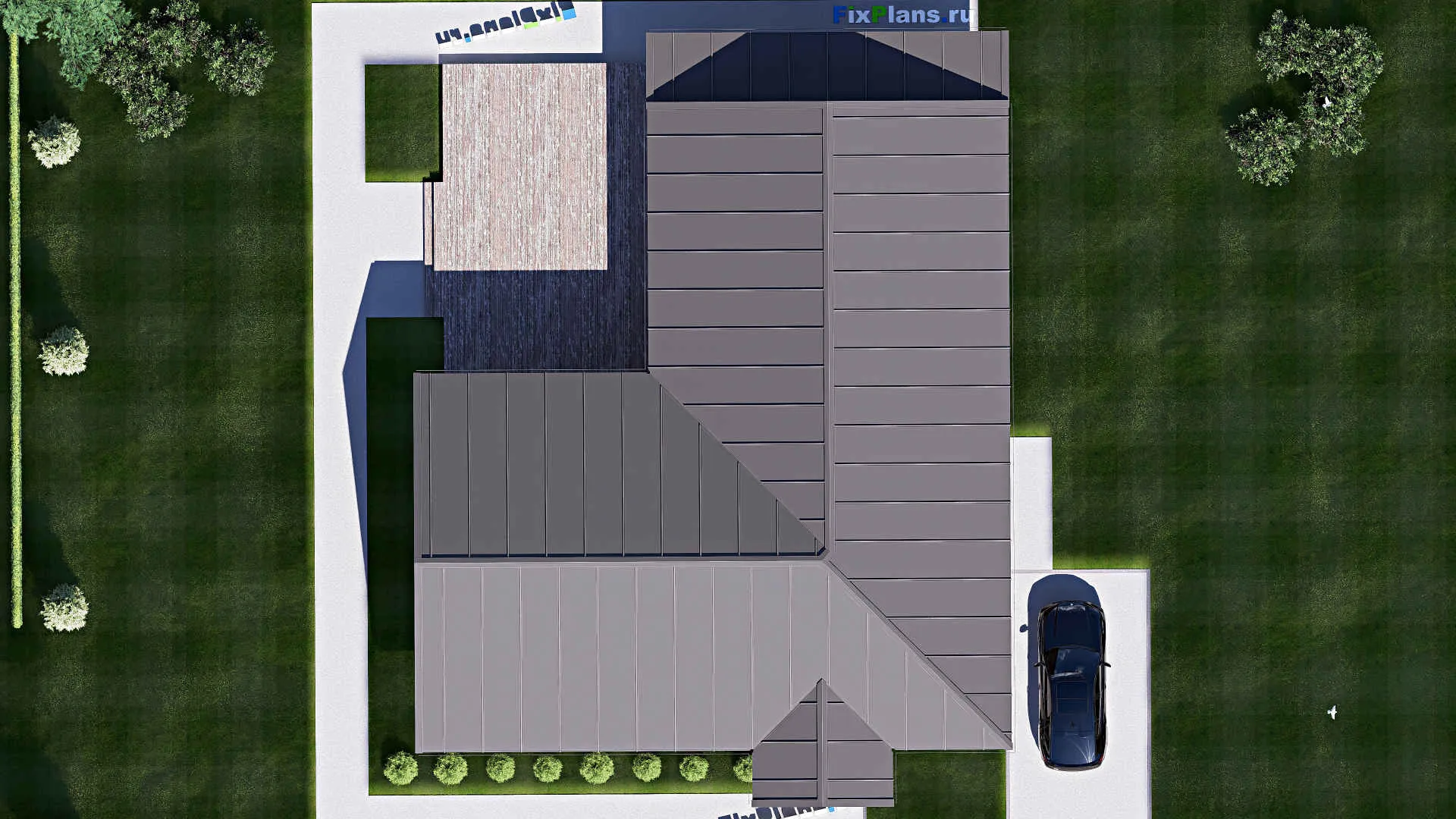 F-19259 - Проект одноэтажного дома 16 на 21, площадью 260 м² с террасой, баней и 4 спальнями