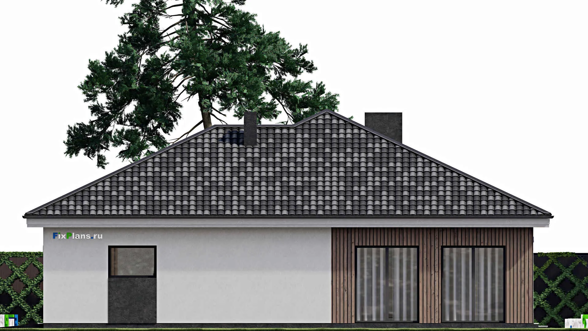 F-1178 - Проект одноэтажного дома 16 на 19, площадью 220 м² с террасой, гаражом на 2 машины и 2 спальнями