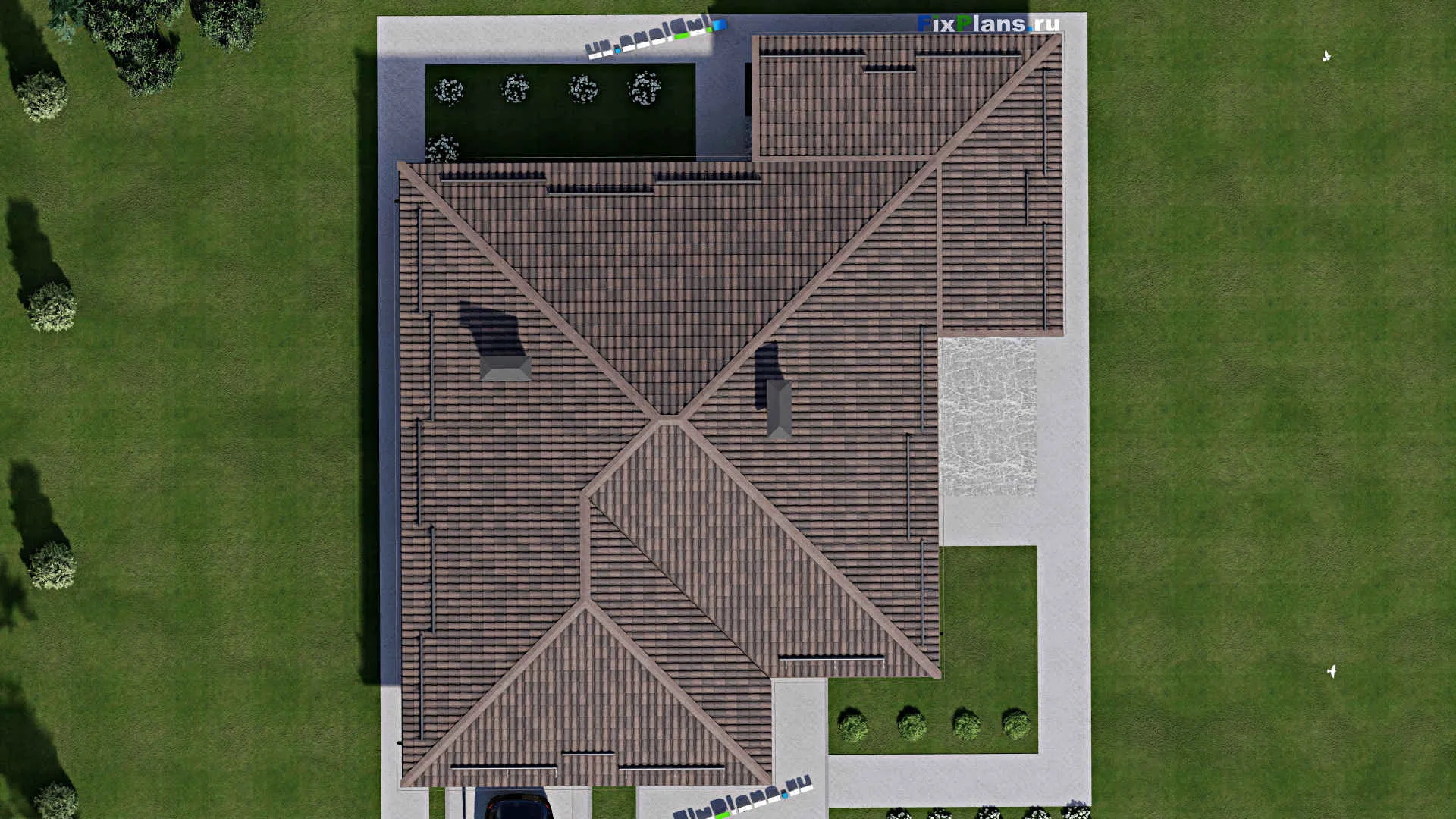 F-6749 - Проект одноэтажного дома 17 на 20, площадью 220 м² с террасой, гаражом на 2 машины и 3 спальнями