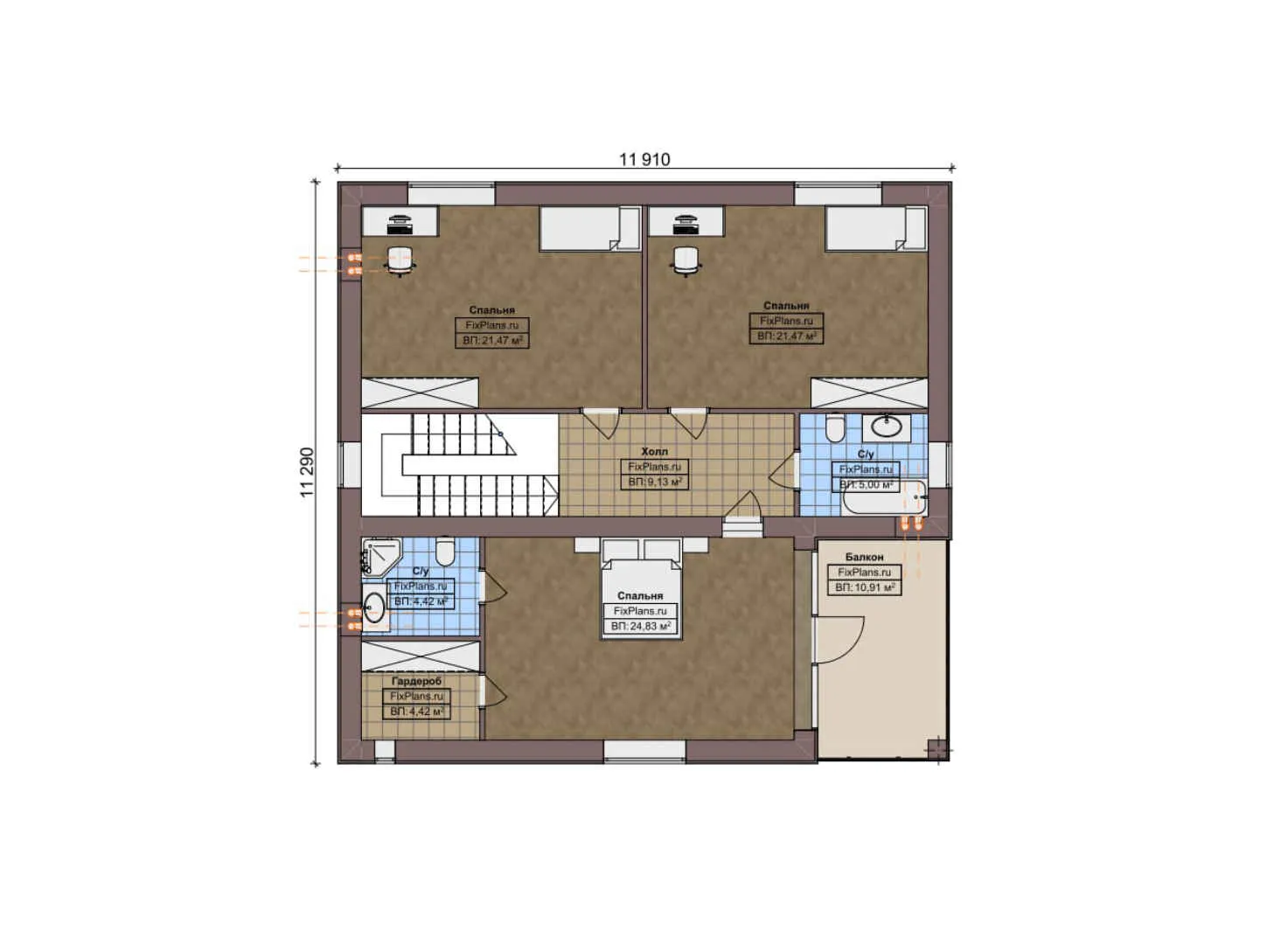 F-8666 - Планы двухэтажного дома 12 на 12, площадью 230 м² с террасой, балконом и 4 спальнями