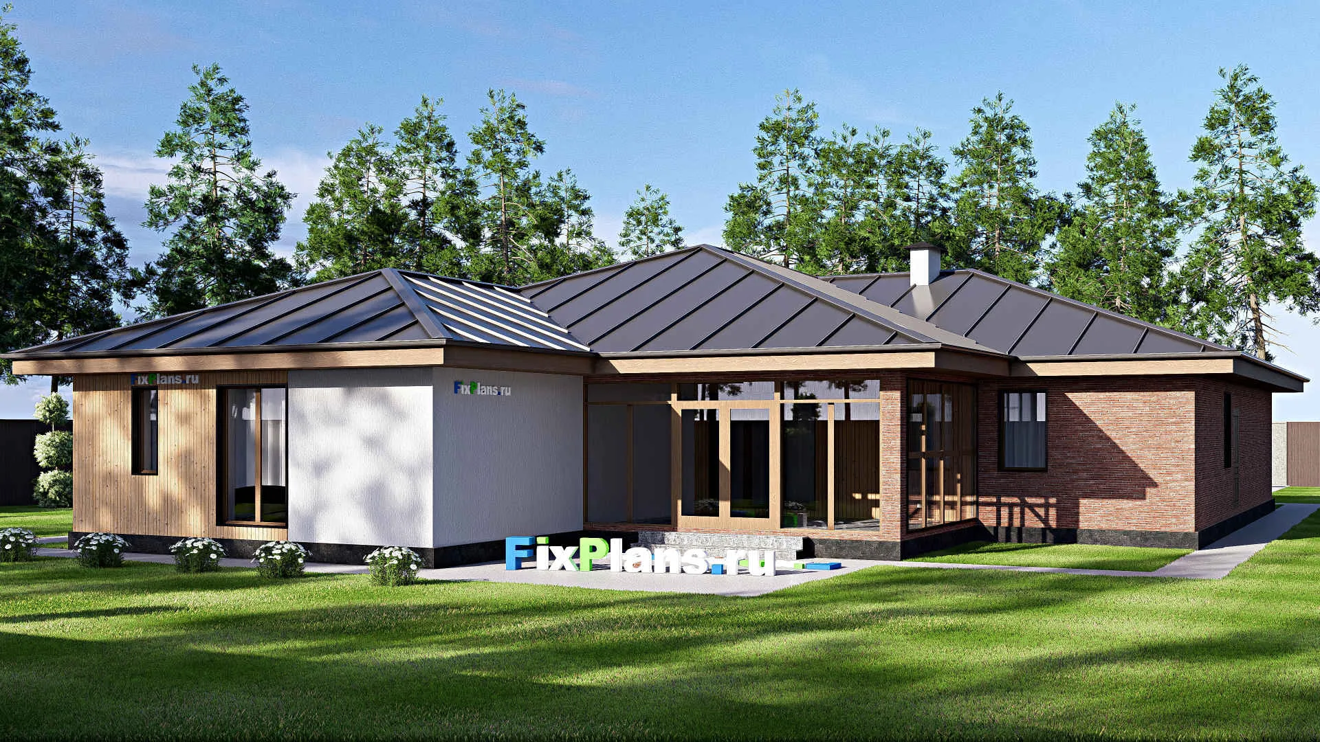 F-18692 - План одноэтажного дома 18 на 23, площадью 260 м² с террасой, баней, гаражом на 2 машины и 4 спальнями