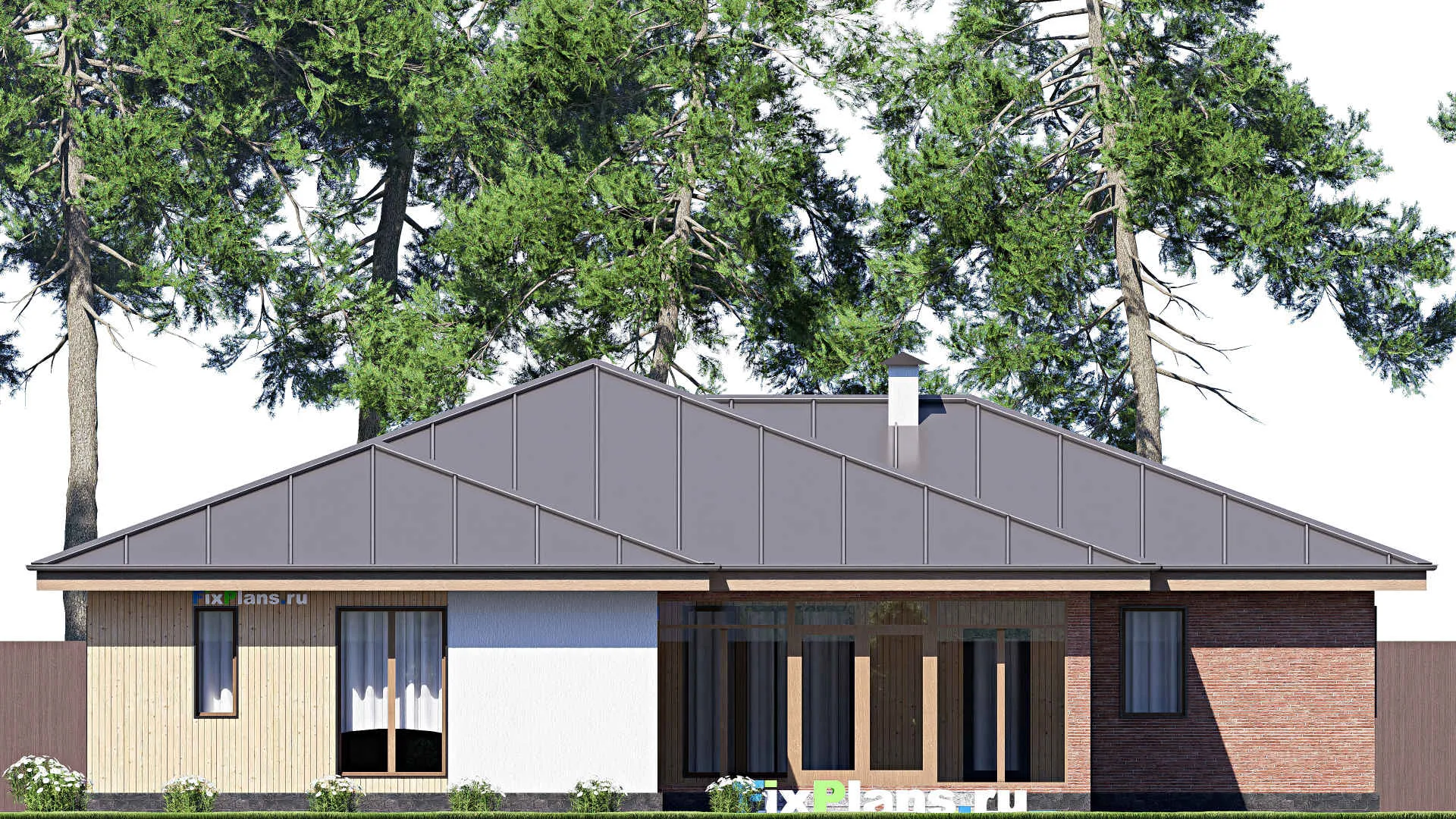 F-18692 - План одноэтажного дома 18 на 23, площадью 260 м² с террасой, баней, гаражом на 2 машины и 4 спальнями