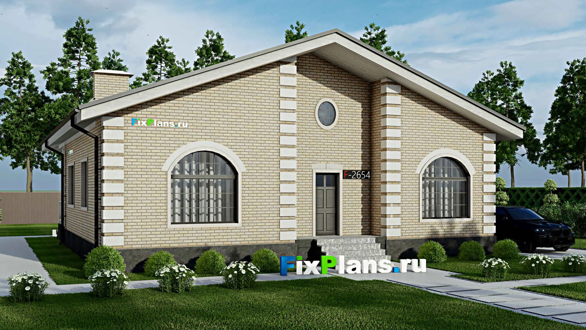 F-2654 - Проект одноэтажного дома 13 на 14, площадью 140 м² с террасой и 3 спальнями