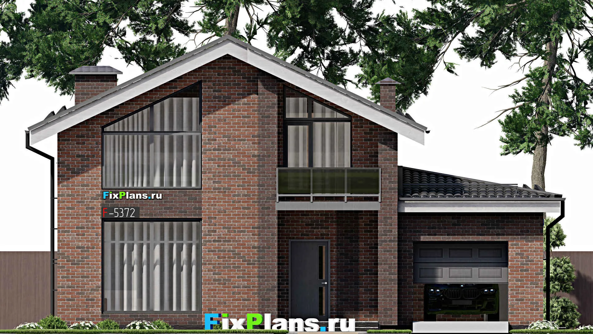 F-5372 - Проект дома с мансардой 13 на 13, площадью 200 м² с террасой, балконом, гаражом на 1 машину и 5 спальнями