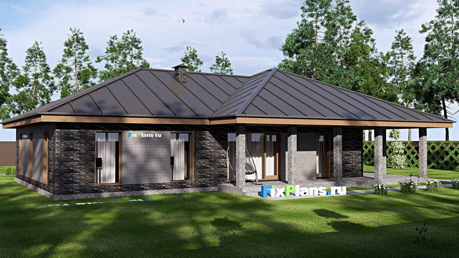 F-17441 - Проект одноэтажного дома 15 на 21, площадью 220 м² с террасой и 3 спальнями