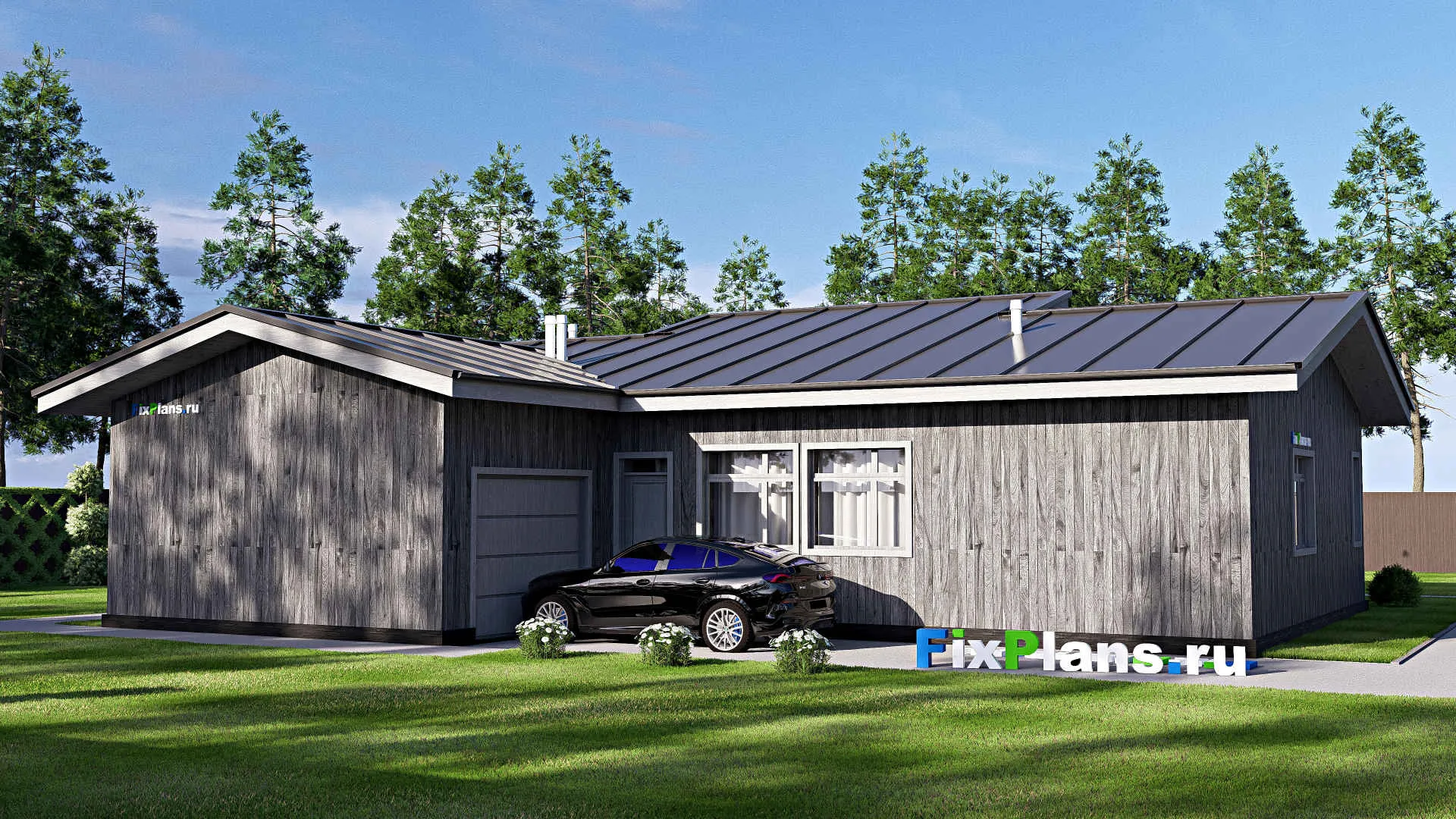 F-20393 - Проект одноэтажного дома 15 на 18, площадью 180 м² с террасой, гаражом на 1 машину и 3 спальнями