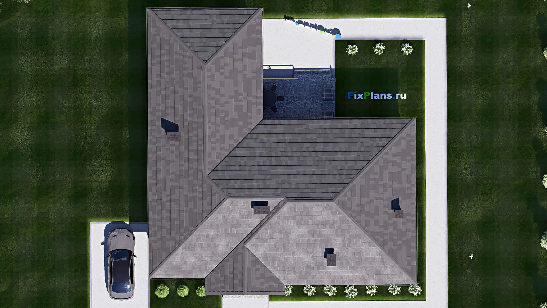 F-19619 - Проект одноэтажного дома 17 на 19, площадью 200 м² с террасой и 3 спальнями