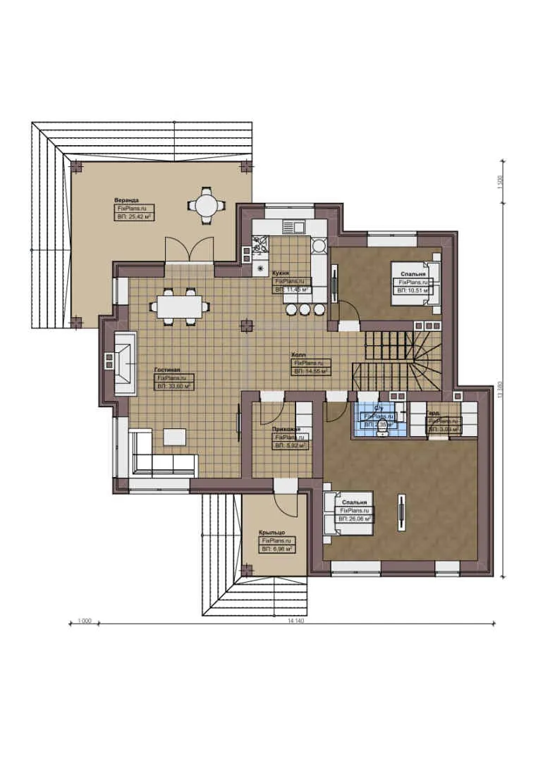F-1088 - Планы двухэтажного дома 14 на 15, площадью 250 м² с террасой, балконом, вторым светом и 5 спальнями
