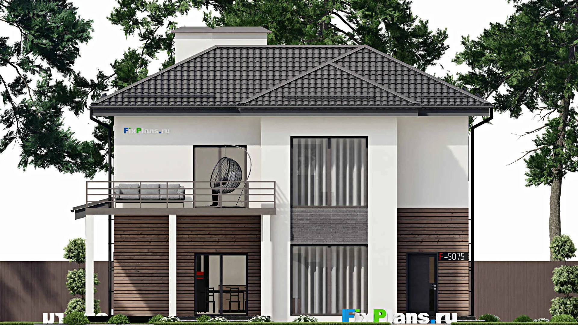 F-5075 - Проект двухэтажного дома 12 на 12, площадью 200 м² с террасой, балконом и 4 спальнями