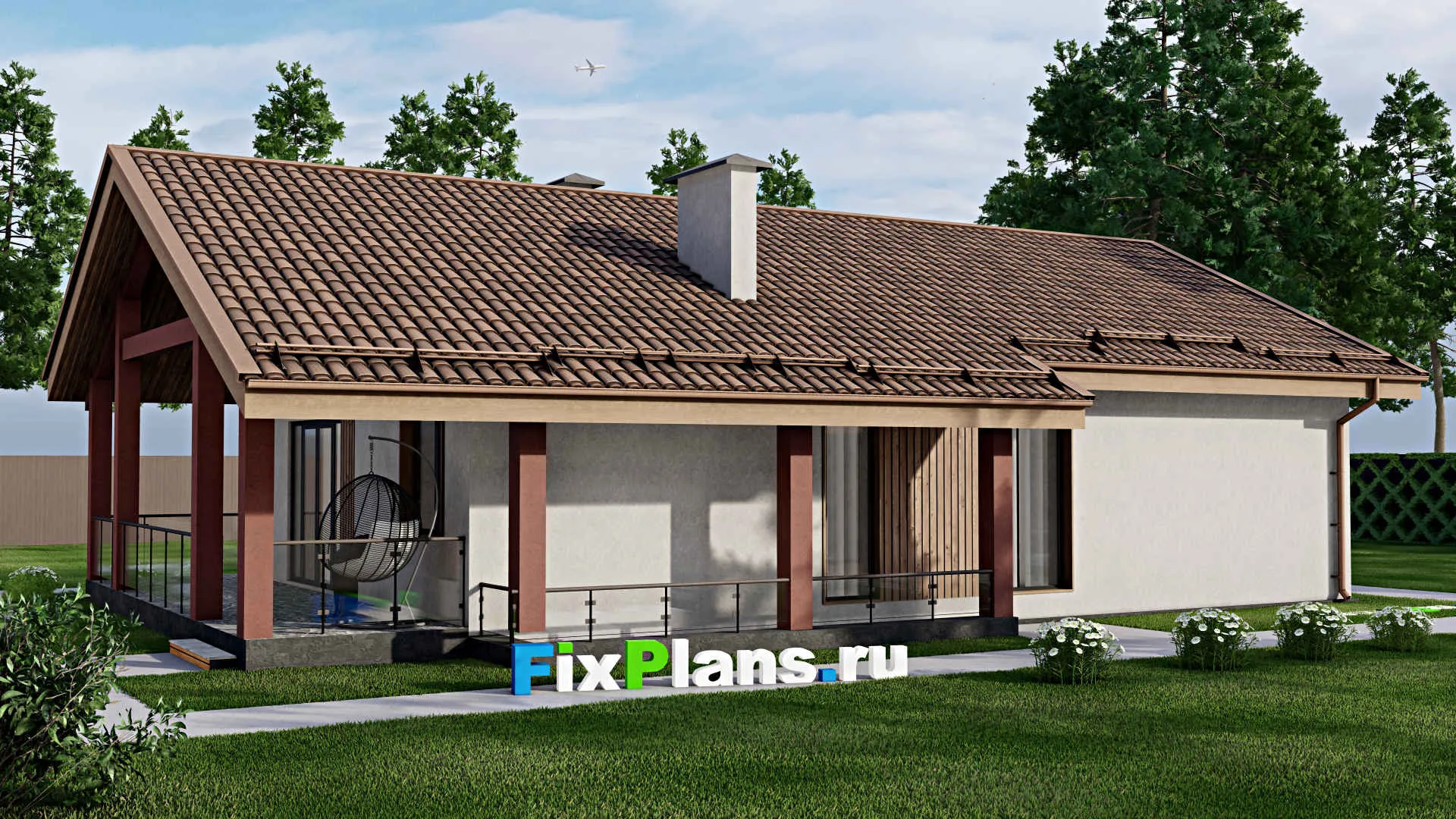 F-9494 - Проект одноэтажного дома 13 на 18, площадью 260 м² с террасой, цокольным этажом и 2 спальнями