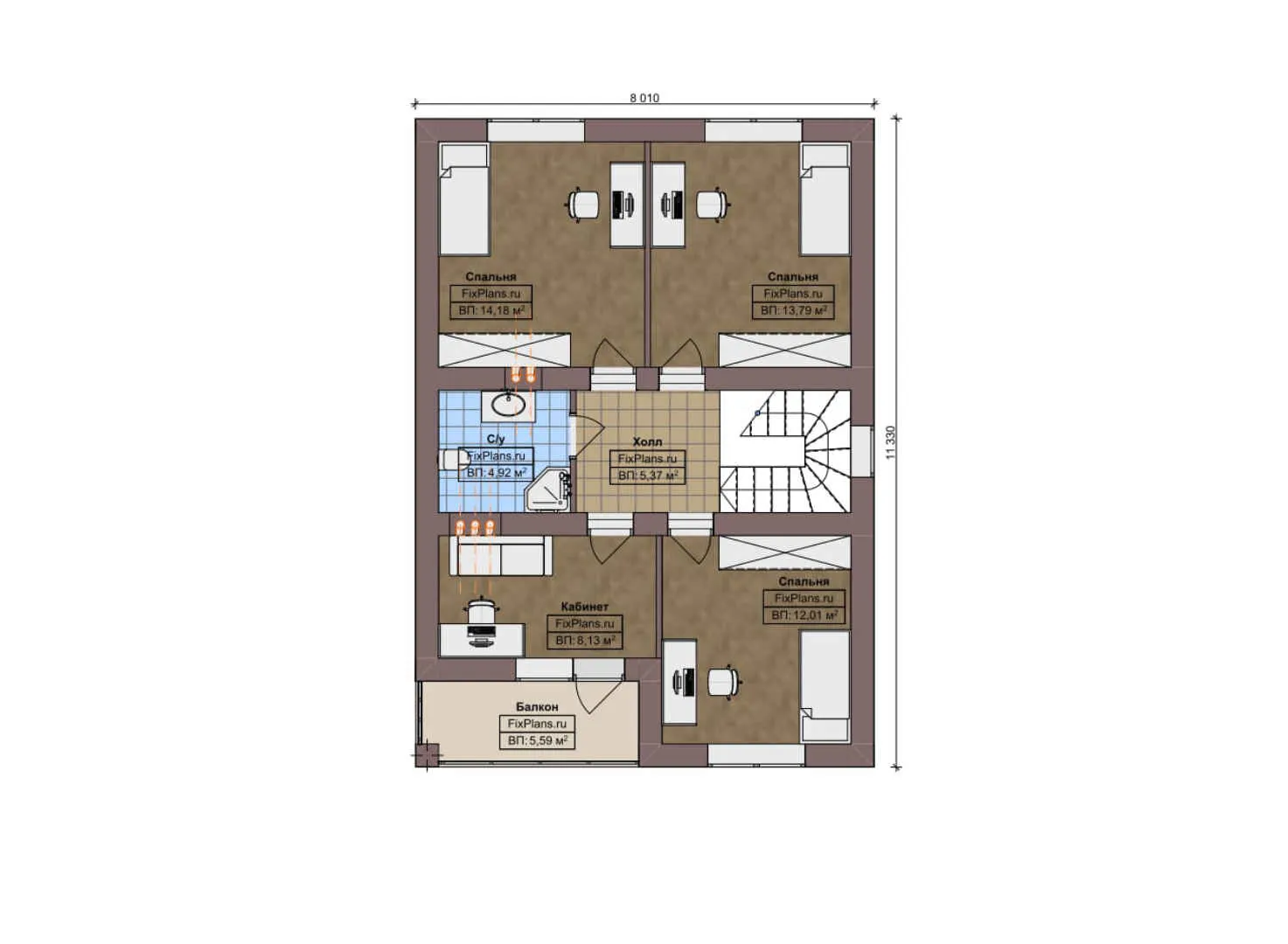 F-8702 - Планы дома с мансардой 9 на 12, площадью 130 м² с балконом и 4 спальнями
