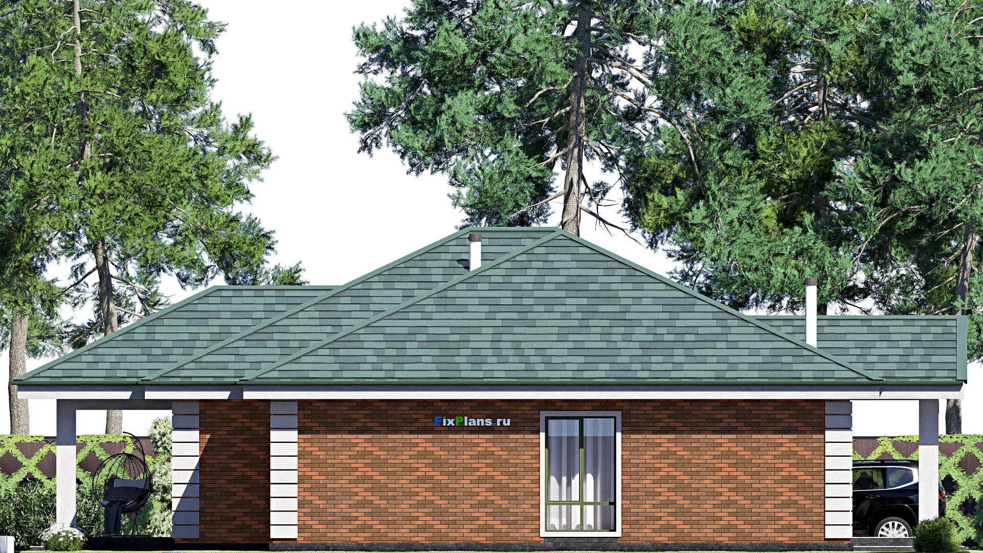 F-19421 - Проект одноэтажного дома 17 на 18, площадью 200 м² с террасой и 4 спальнями