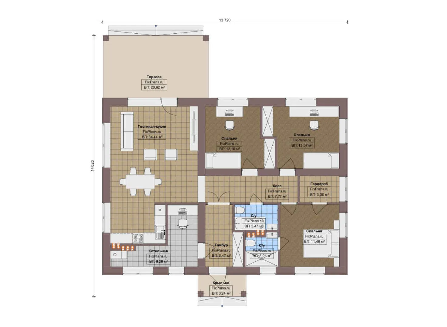 F-13229 - План одноэтажного дома 14 на 15, площадью 130 м² с террасой и 3 спальнями