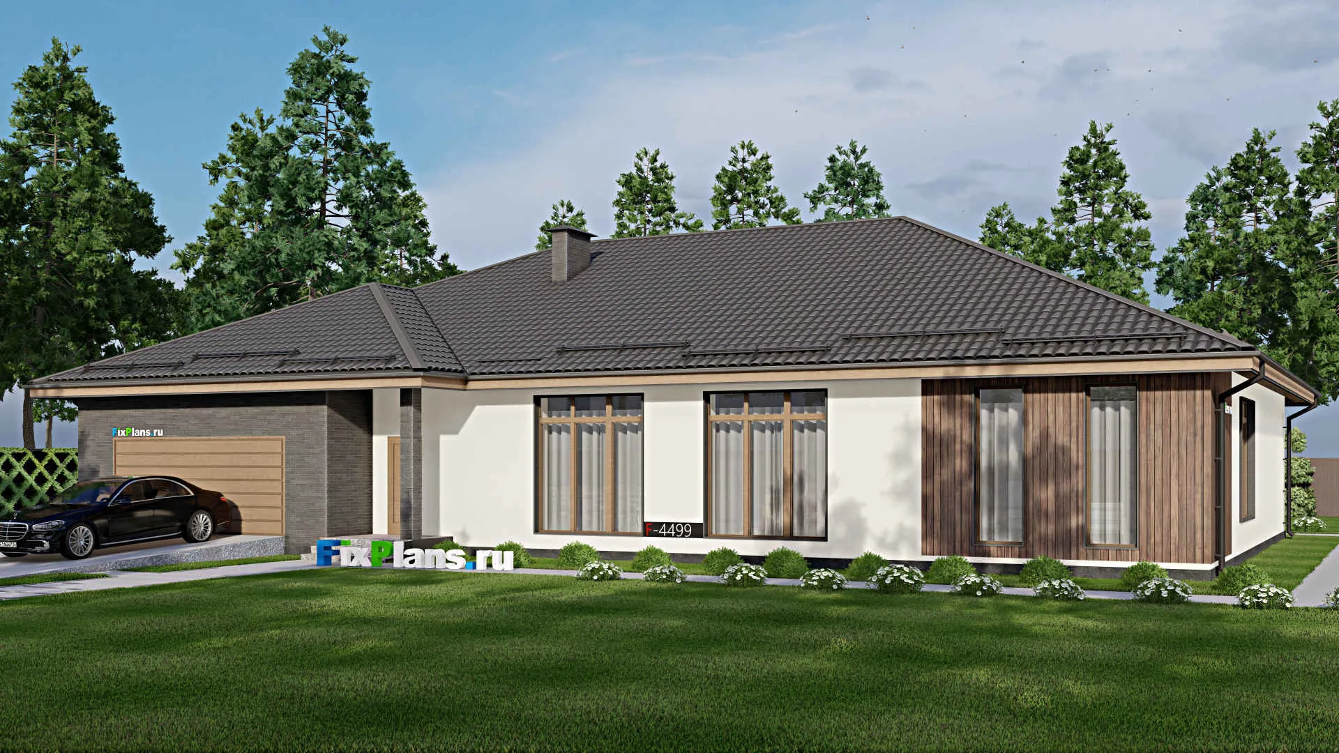 F-4499 - Проект одноэтажного дома 17 на 25, площадью 330 м² с гаражом на 2 машины и 3 спальнями
