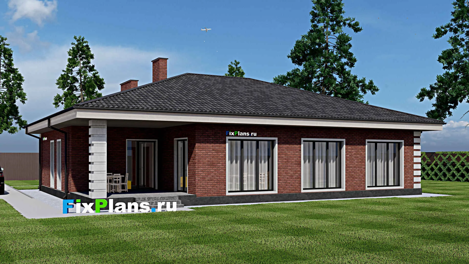 F-1223 - План одноэтажного дома 14 на 18, площадью 200 м² с баней и 4 спальнями