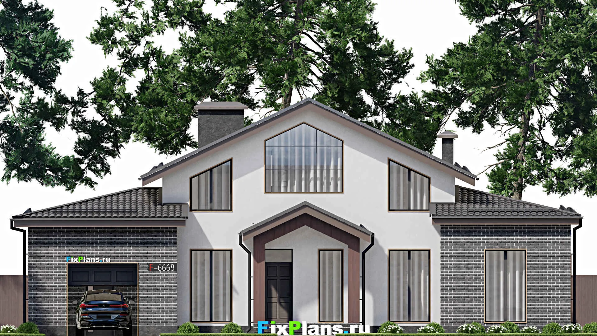 F-6668 - Планы дома с мансардой 17 на 19, площадью 310 м² с террасой, гаражом на 1 машину и 3 спальнями