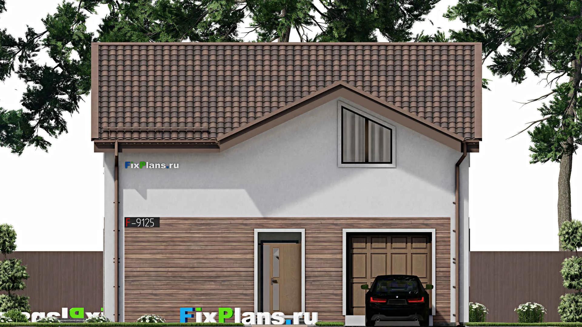 F-9125 - Проект дома с мансардой 12 на 13, площадью 180 м² с террасой, гаражом на 1 машину и 4 спальнями