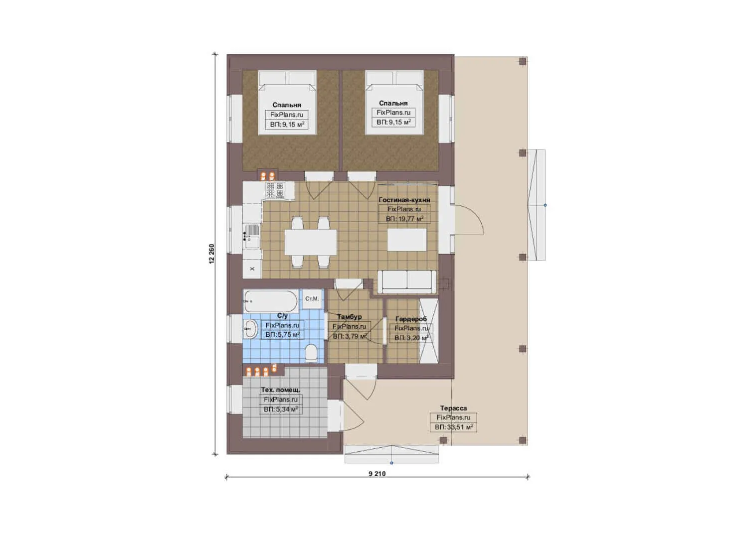 F-17243 - План одноэтажного дома 10 на 13, площадью 90 м² с террасой и 2 спальнями