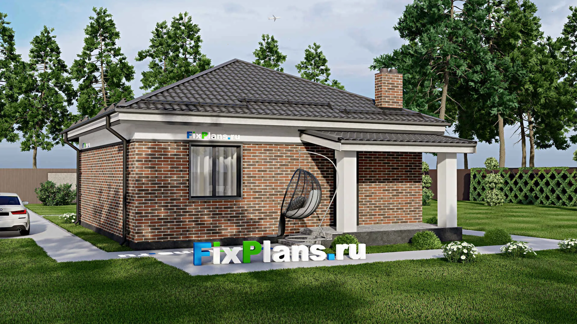 F-3338 - Проект одноэтажного дома 10 на 10, площадью 80 м² с террасой и 2 спальнями