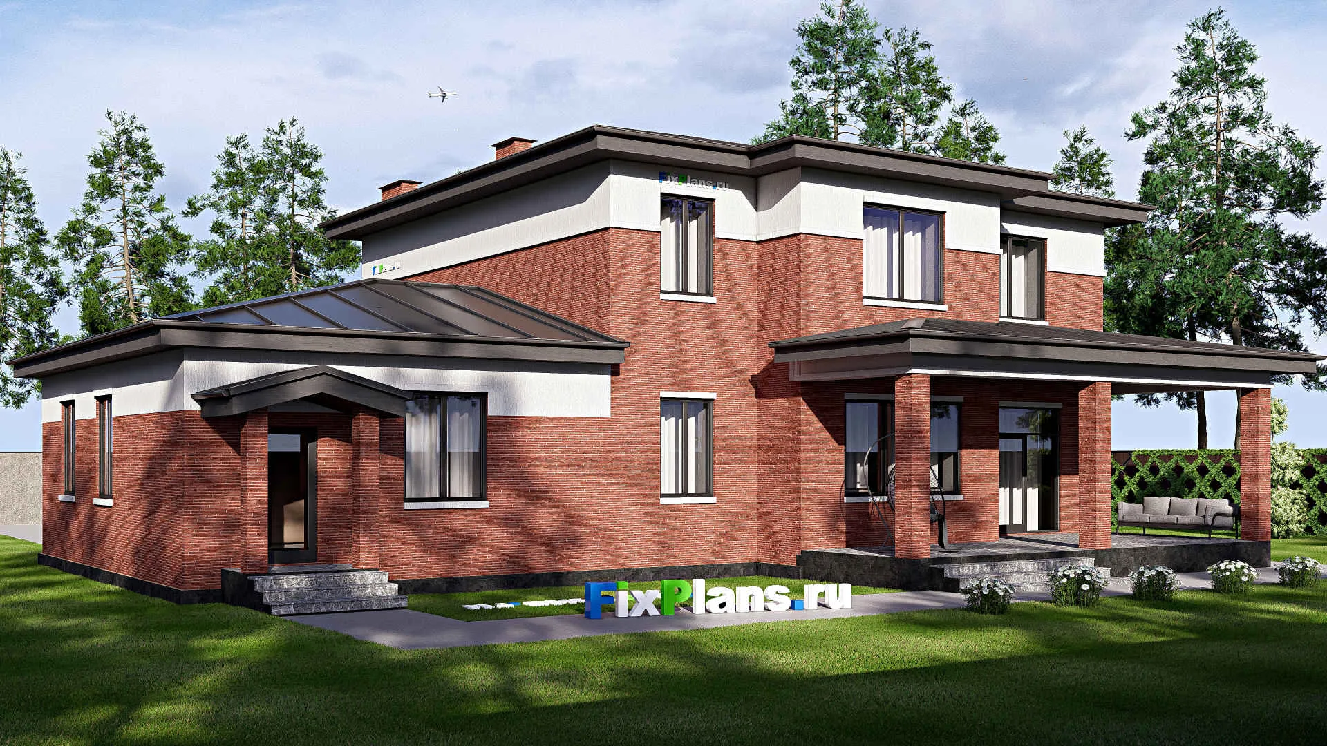 F-19178 - Проект двухэтажного дома 18 на 21, площадью 320 м² с гаражом на 2 машины и 4 спальнями