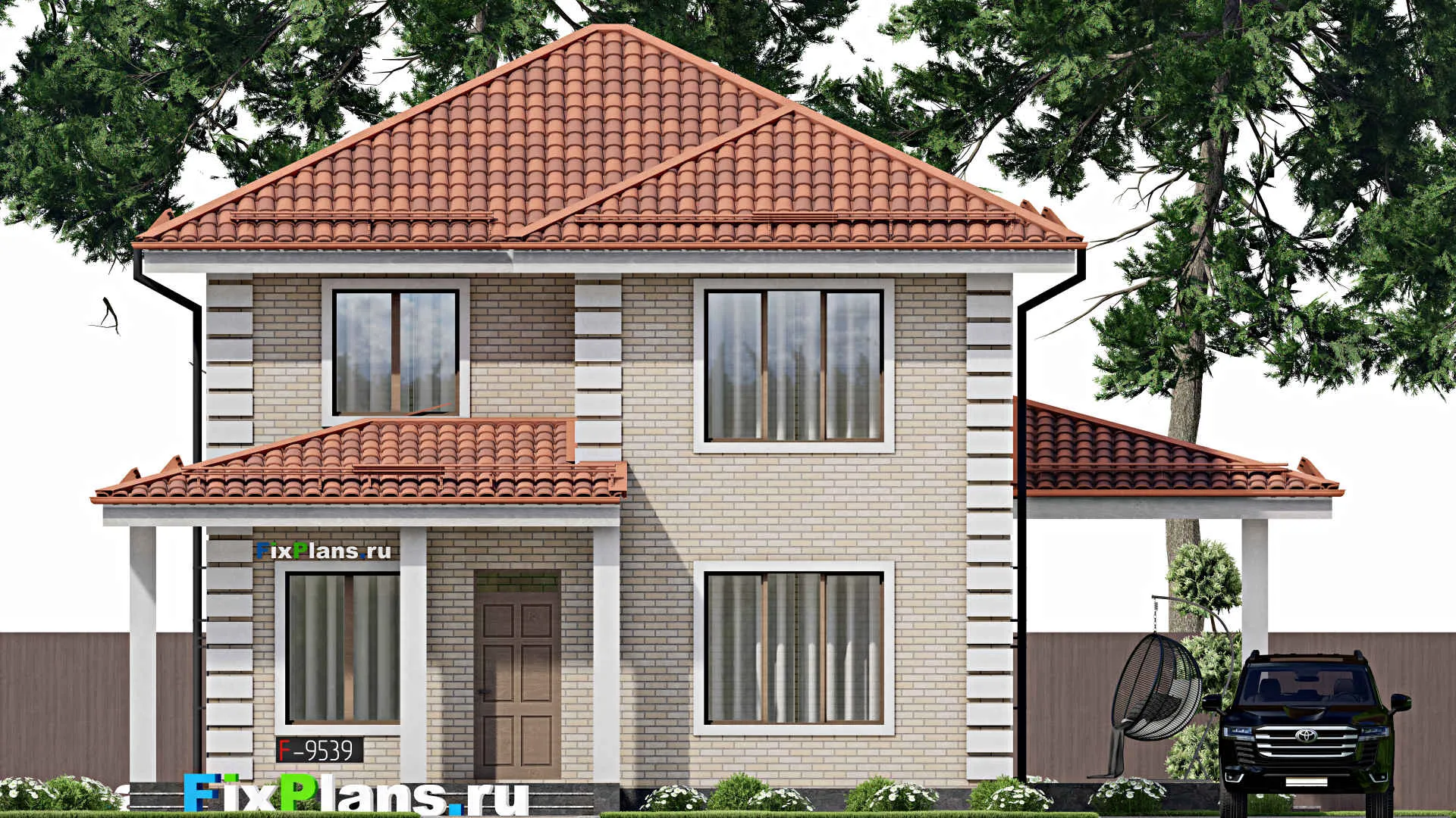 F-9539 - Проект двухэтажного дома 13 на 16, площадью 180 м² с террасой и 4 спальнями