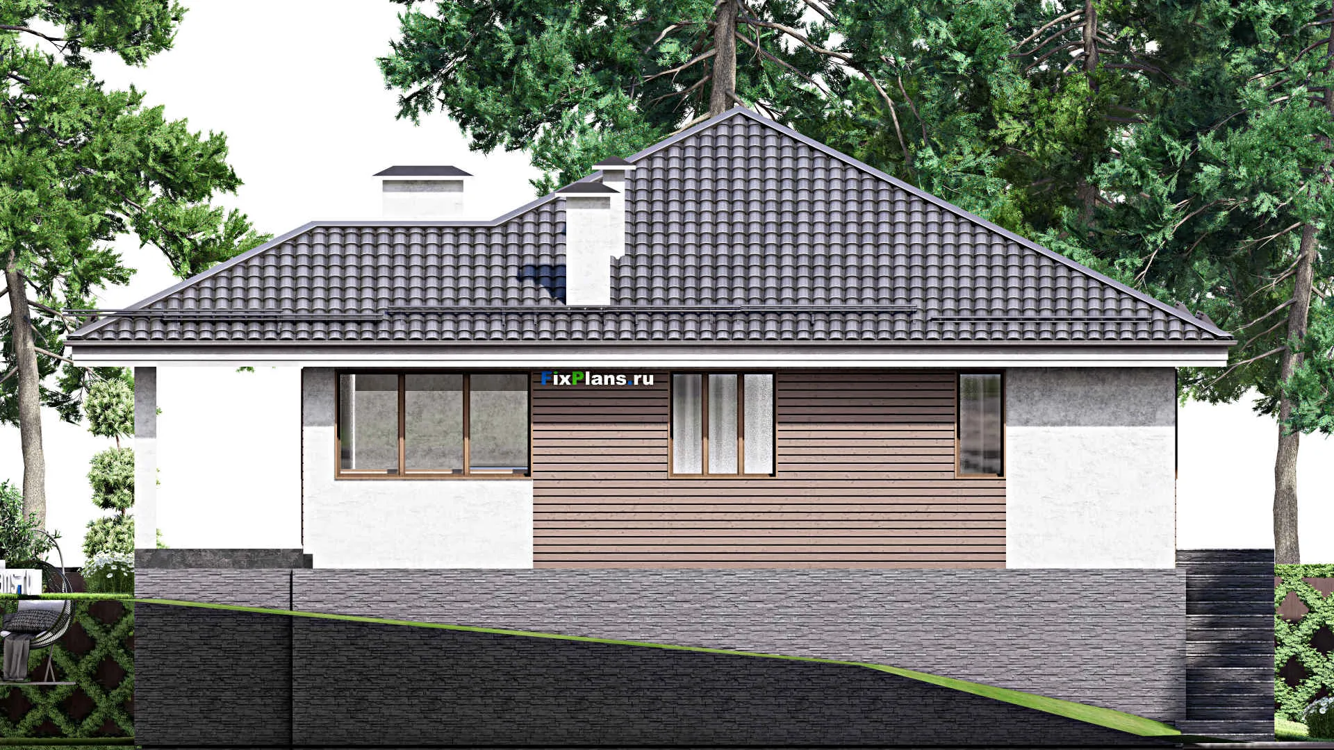 F-9467 - Проект двухэтажного дома 13 на 16, площадью 260 м² с террасой, цокольным этажом, гаражом на 1 машину и 3 спальнями