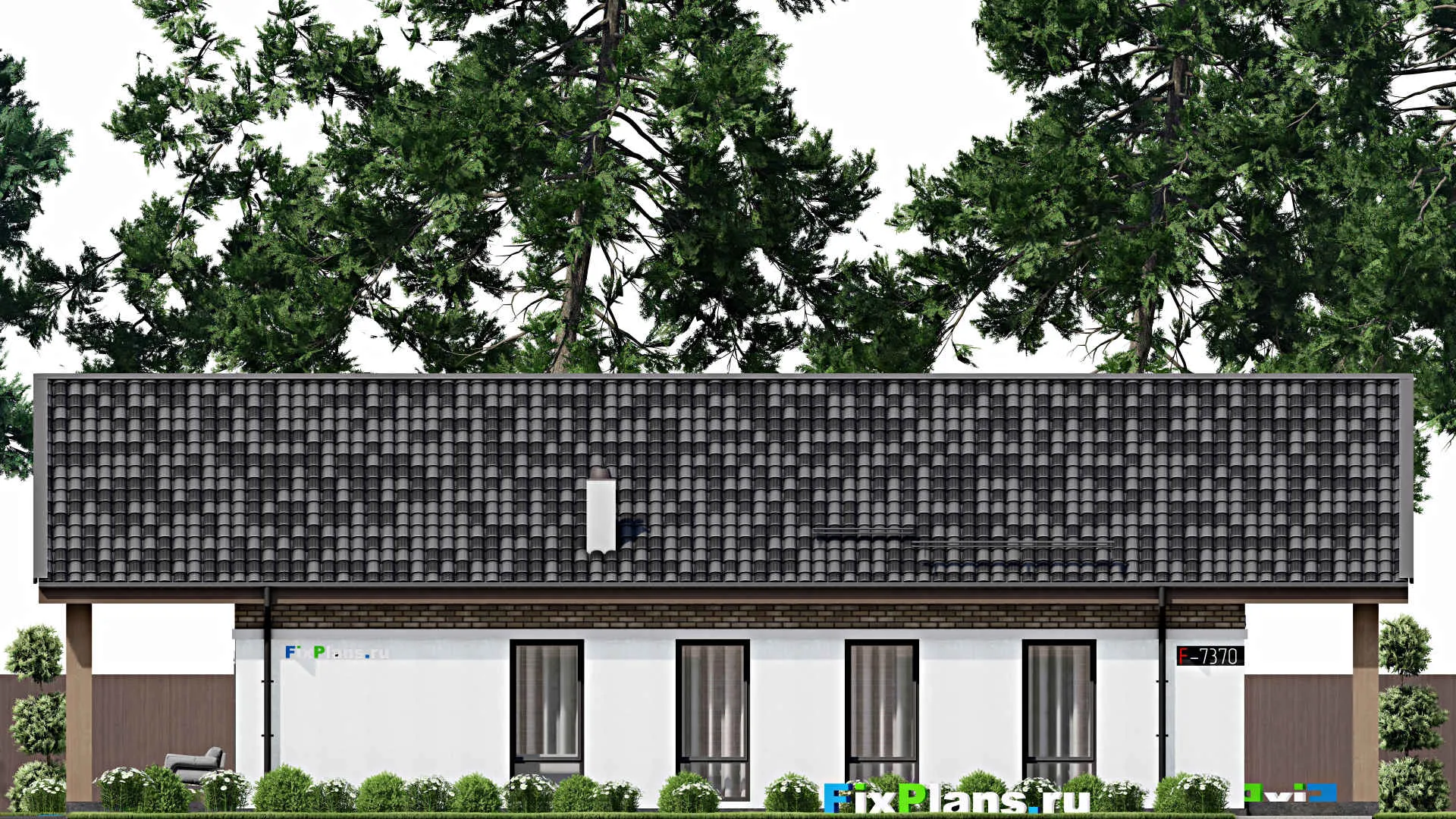 F-7370 - Проект одноэтажного дома 10 на 20, площадью 150 м² с террасой и 4 спальнями