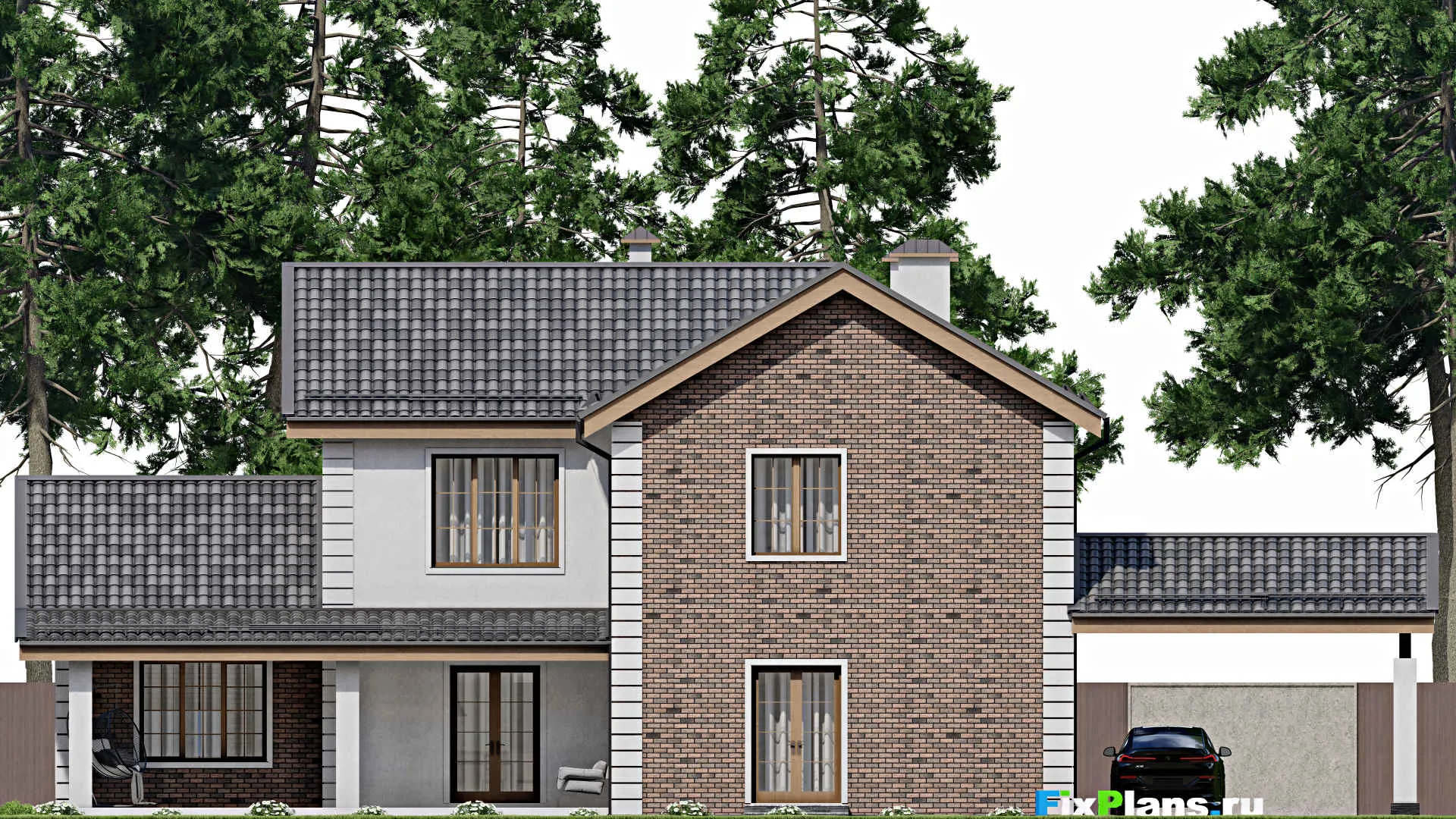 F-10826 - Проект двухэтажного дома 15 на 24, площадью 300 м² с террасой, баней и 3 спальнями