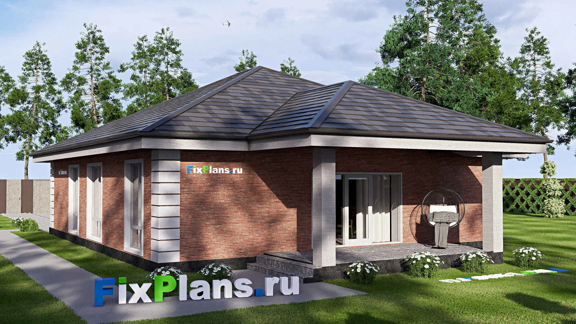 F-18728 - Проект одноэтажного дома 14 на 24, площадью 200 м² с террасой, гаражом на 2 машины и 3 спальнями