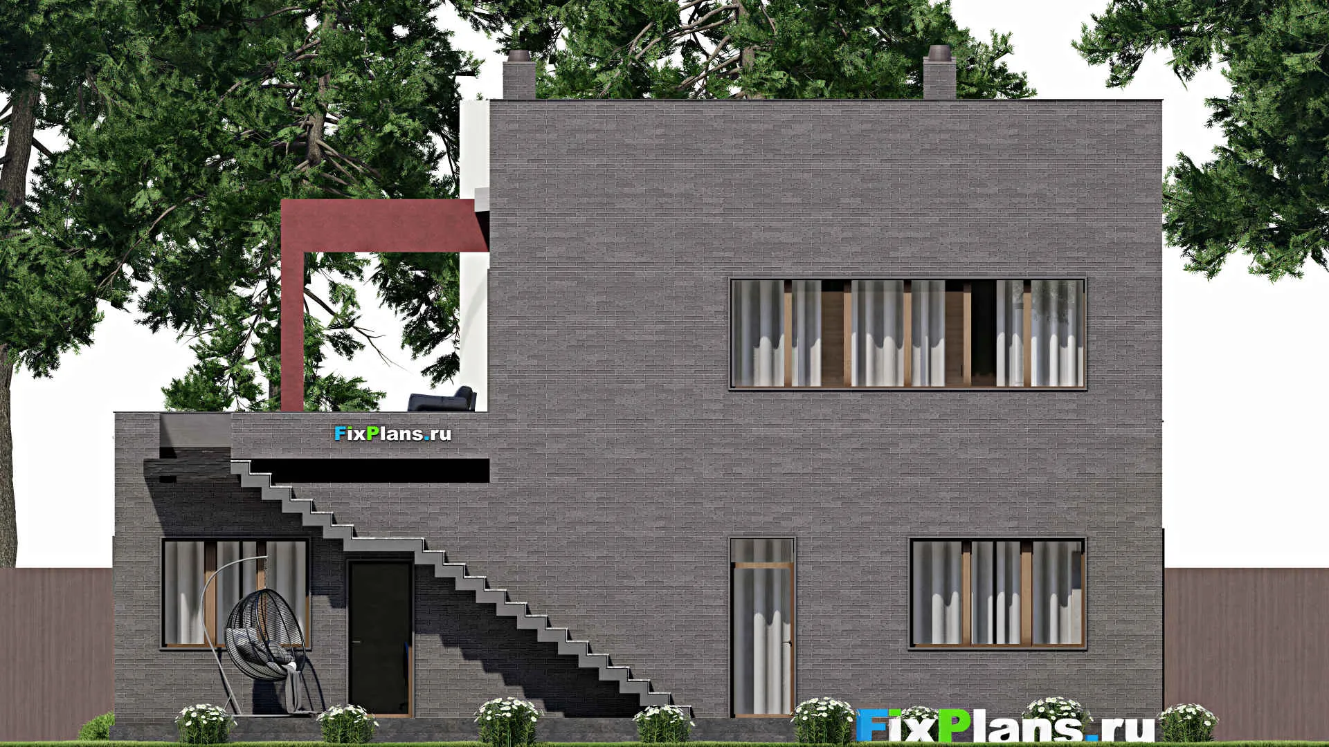 F-4985 - Проект двухэтажного дома 14 на 16, площадью 350 м² с террасой, балконом, баней, гаражом на 1 машину и 5 спальнями