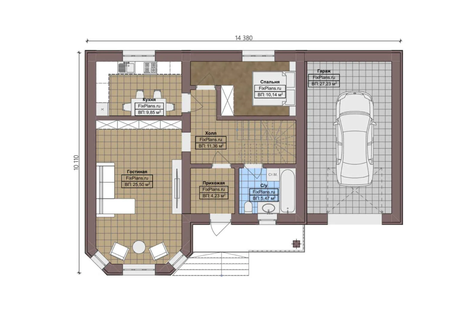 F-0197i - Планы дома с мансардой 11 на 15, площадью 160 м² с террасой, балконом, гаражом на 1 машину и 4 спальнями