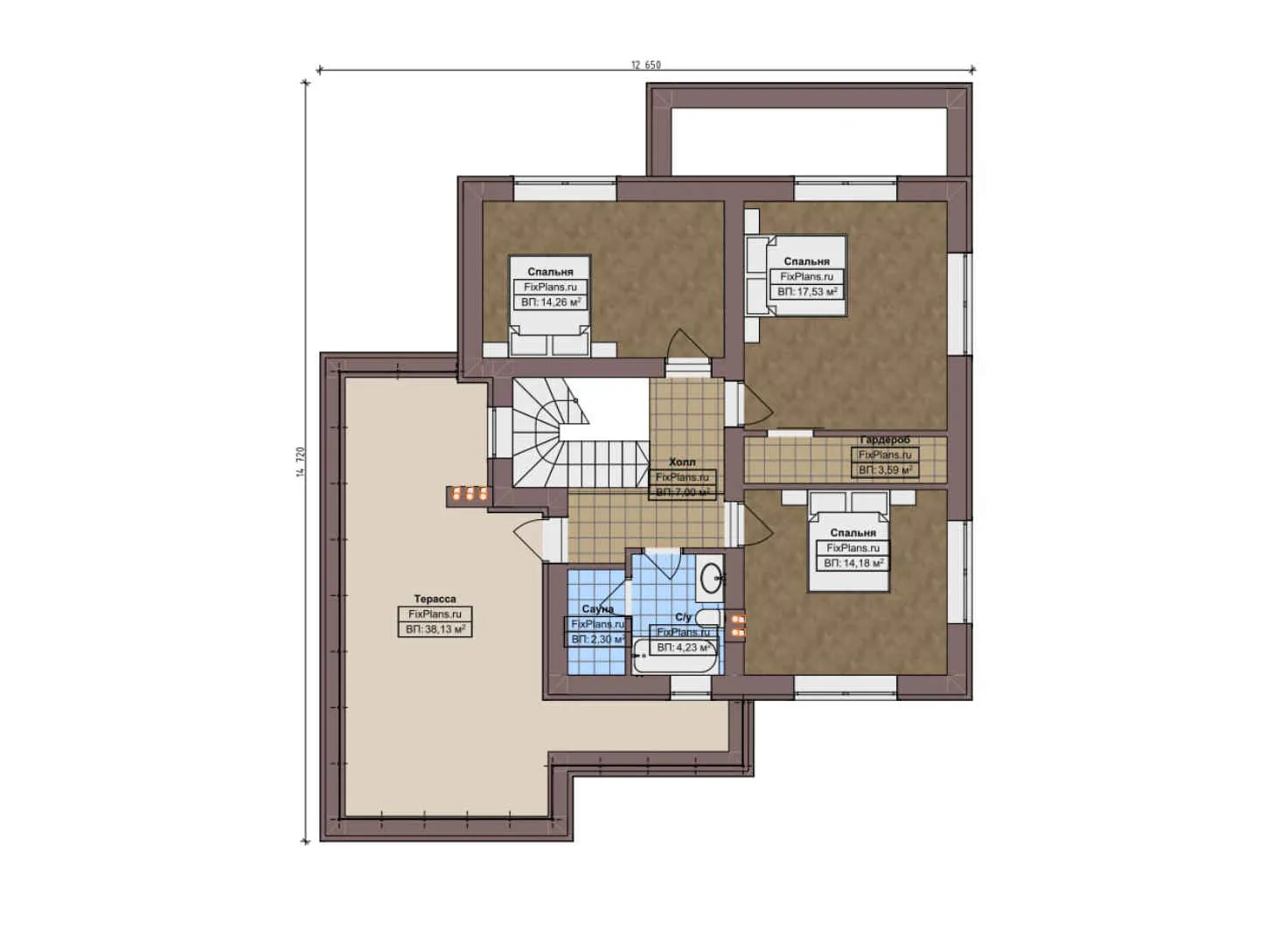 F-10304 - Планы двухэтажного дома 13 на 15, площадью 220 м² с 3 спальнями