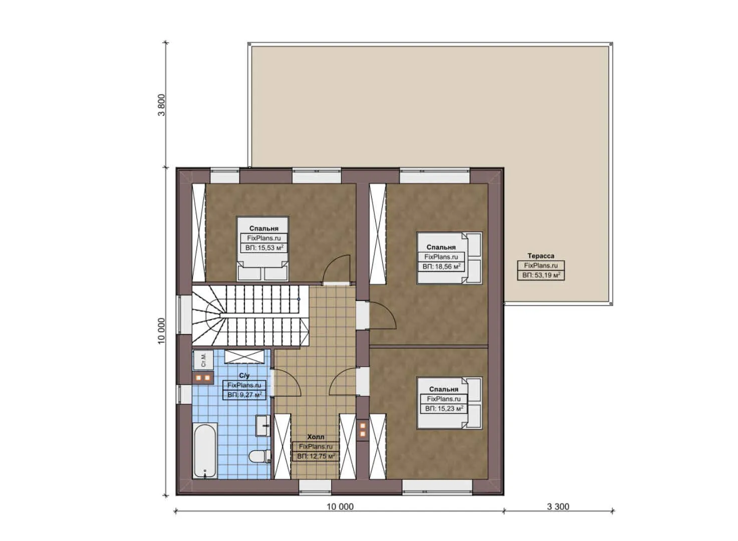 F-5120 - Планы двухэтажного дома 10 на 10, площадью 240 м² с террасой и 4 спальнями
