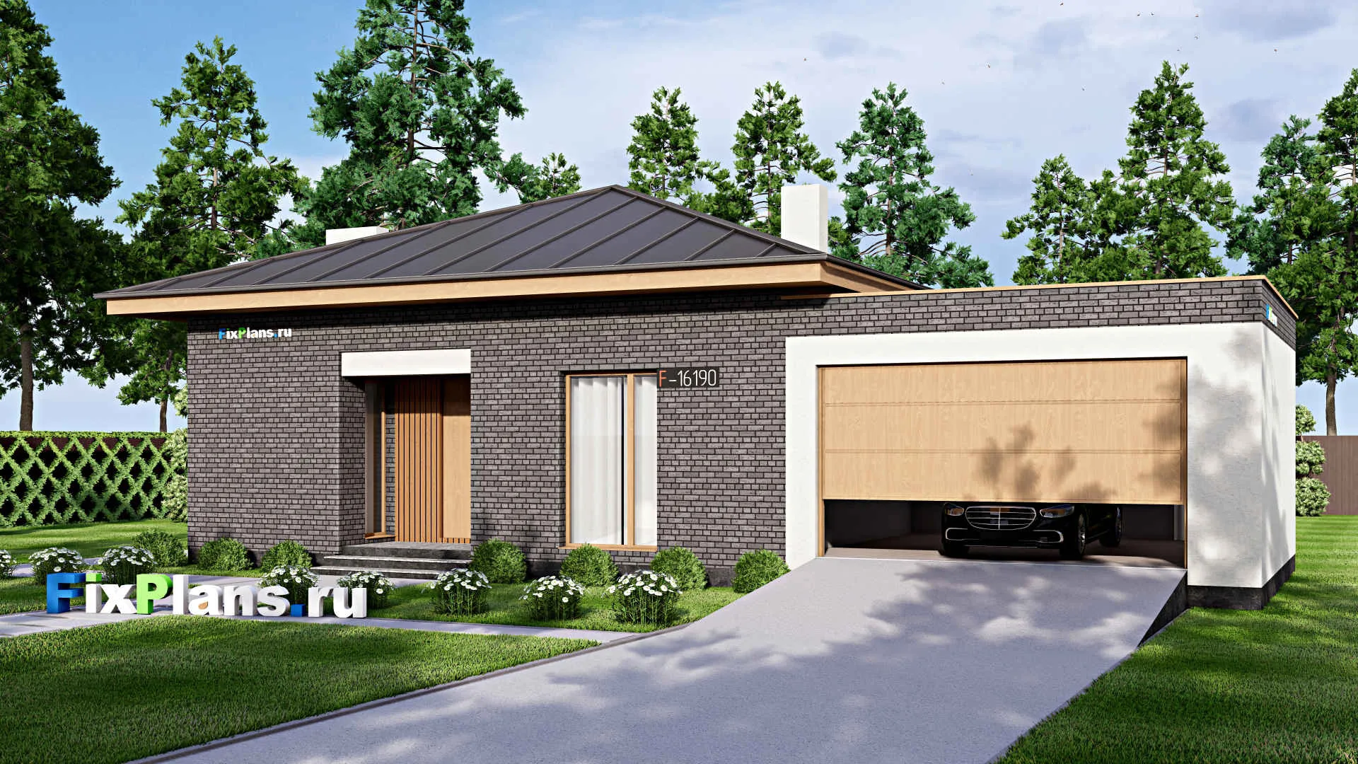 F-16190 - Проект одноэтажного дома 18 на 18, площадью 220 м² с террасой, гаражом на 2 машины и 3 спальнями