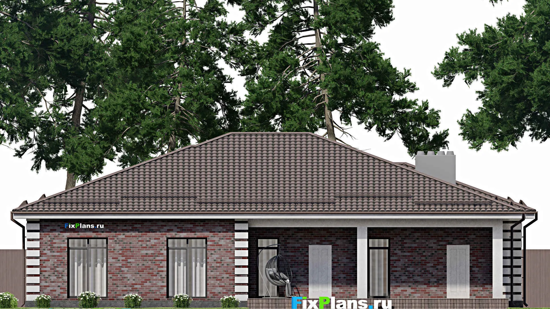 F-2384 - Проект одноэтажного дома 16 на 20, площадью 250 м² с террасой, гаражом на 2 машины и 3 спальнями