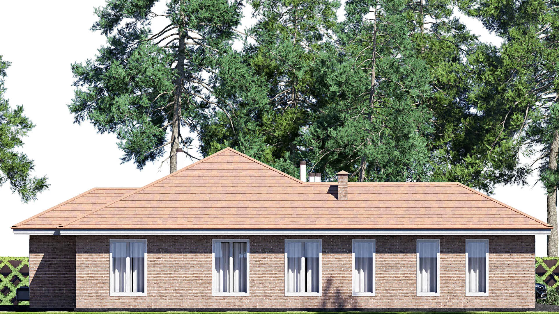 F-20132 - Проект одноэтажного дома 16 на 24, площадью 230 м² с террасой, гаражом на 1 машину и 3 спальнями