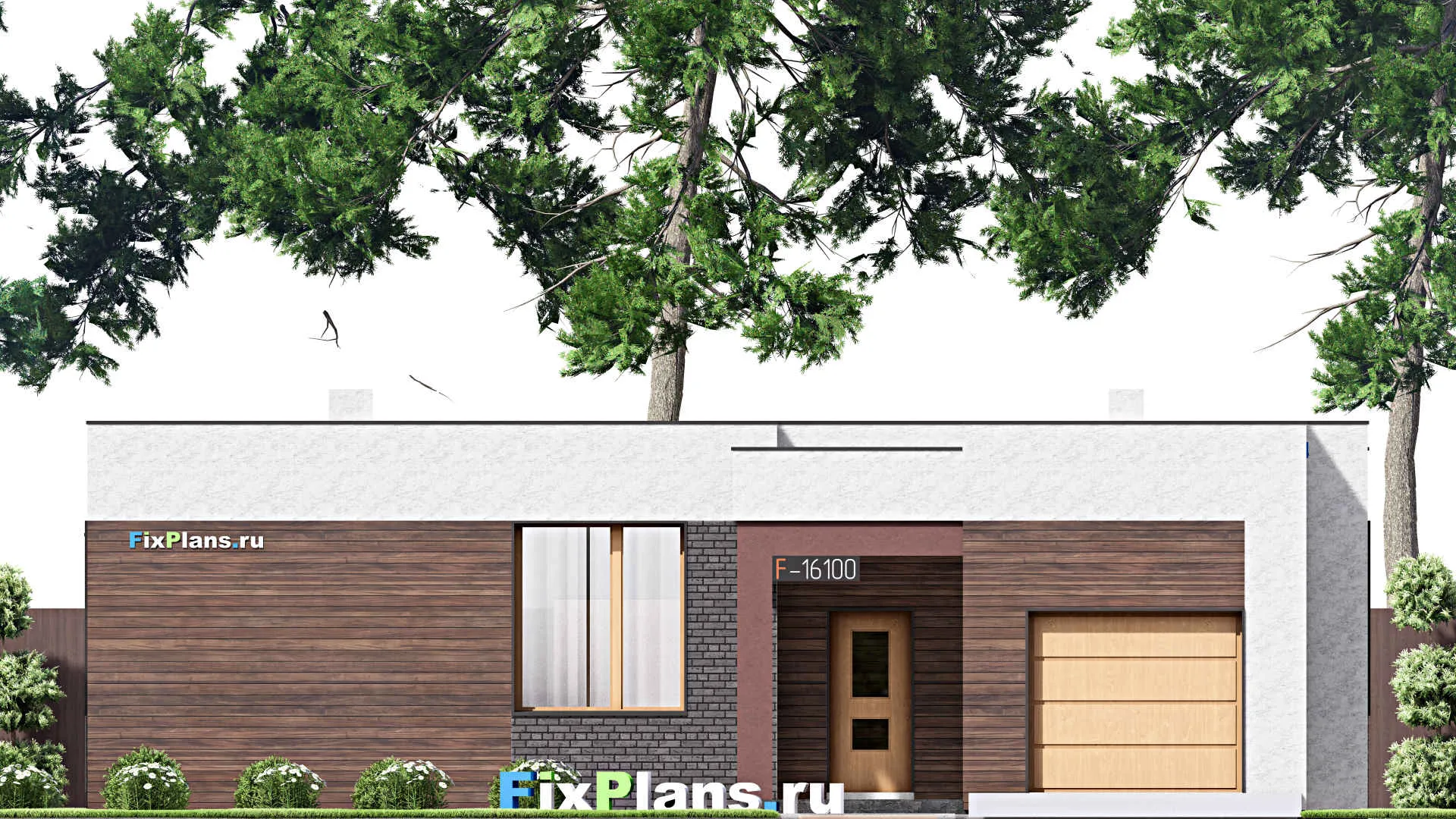 F-16100 - План одноэтажного дома 15 на 18, площадью 170 м² с террасой, гаражом на 1 машину и 3 спальнями