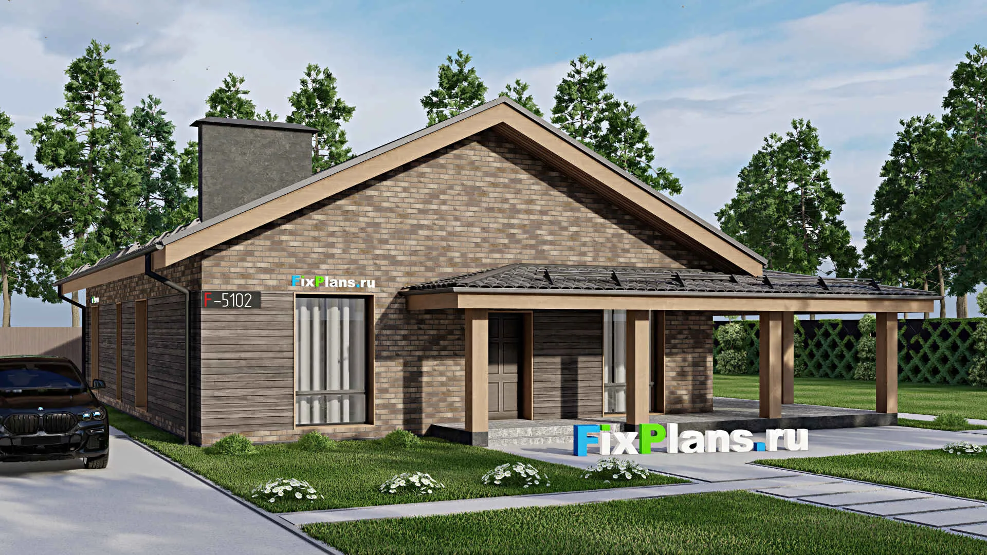 F-5102 - Проект одноэтажного дома 11 на 17, площадью 180 м² с террасой и 3 спальнями