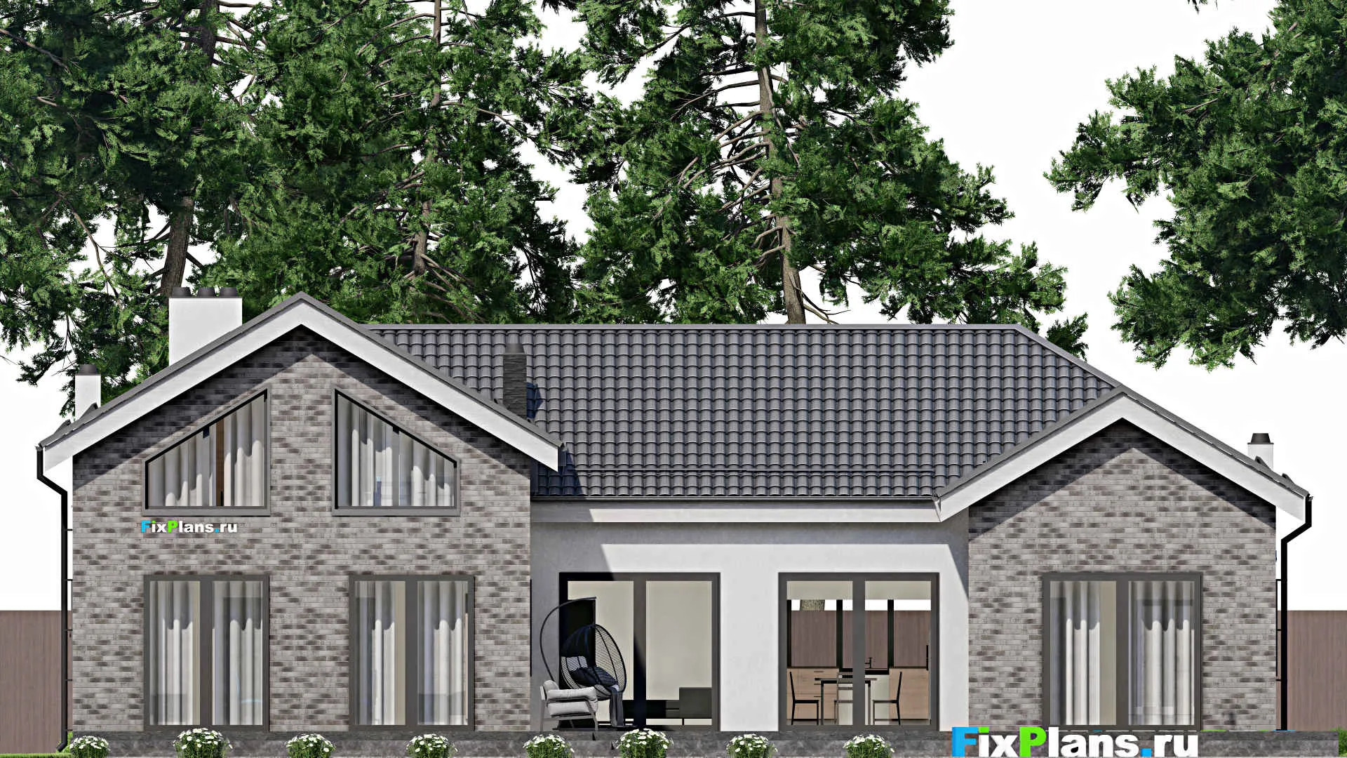 F-3671 - Проект дома с мансардой 17 на 20, площадью 380 м² с террасой, гаражом на 2 машины и 3 спальнями